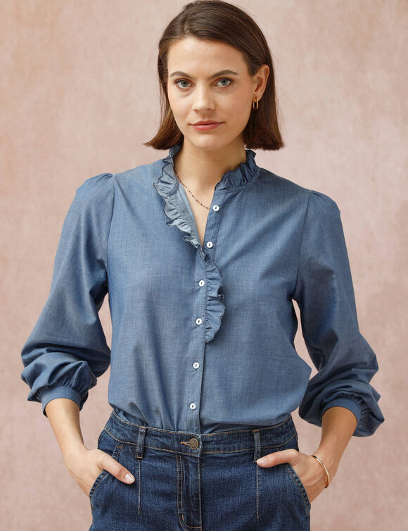 Chemisier col volanté en chambray (stone) Chemisier col volanté en chambray (stone)